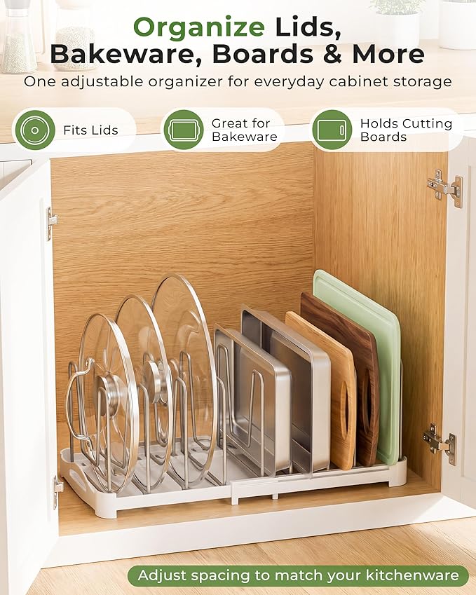 EVERIE Adjustable Bakeware Organizer Pot Lid Holder Rack for Pots, Cake Molds, Cutting Boards, Mats, Cookware, GS02SS, Pack of 2