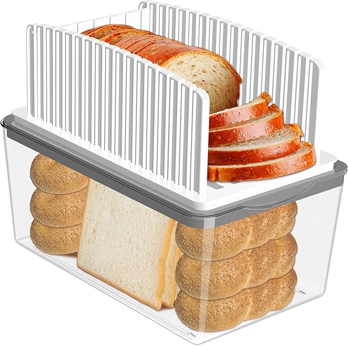 Kiss Core Upgrade Bread Slicer for Homemade Bread with Bread Box, Bread Slicing Guide Adjustable Width, Foldable and Compact Cutting Guide with Crumb Tray, Suitability for Homemade Bread, Bagels,Cakes