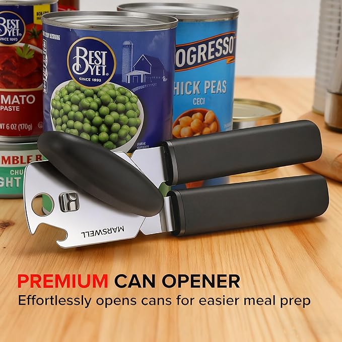 MARSWELL Manual Can Opener with Comfy Grip, Easy Turn Knob & Magnetic Lid Lifter, Smooth Cutting Hand Held Can Opener for Seniors, Arthritis & Weak Hands, Heavy Duty Kitchen Tool, Black