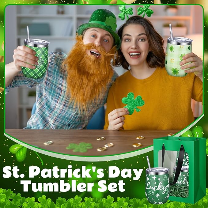Patelai 30 Pcs Spring Picnic Party Favor Set Reusable Stainless Steel Tumblers with Lid Straw for Outdoor Camping 12oz Shamrock Cups for Wedding, Baby Shower Party Supplies, Employees (Green Clover)
