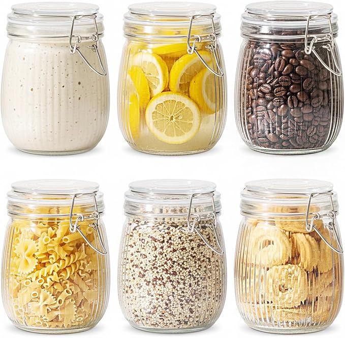 ComSaf 25oz Fluted Glass Mason Jars - Set of 6 Vintage Canisters with Airtight Lids for Sourdough Starter, Pickling, Coffee & Pantry Organization, Farmhouse Kitchen Decor