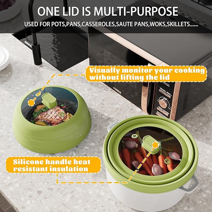 Microwave Splatter Cover, Vented Silicone and Glass Cover Splatter Guard Lid, Food Collapsible Plate Cover Lid with Easy Grip Handle. (Green, 10.8 inch)