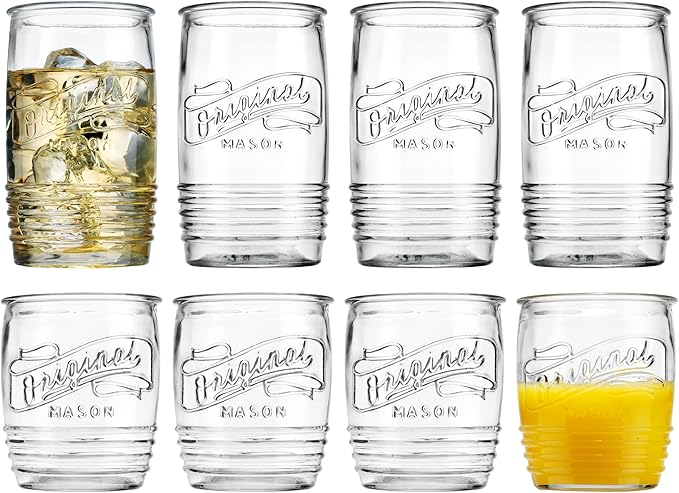 Glaver's Original Mason Set of 8 Drinking Glasses 4-20 Oz Highball Glasses, and 4-13 Oz Whiskey Glass Cups For Everyday Home Use Water, Beer, Juice, Cocktail.