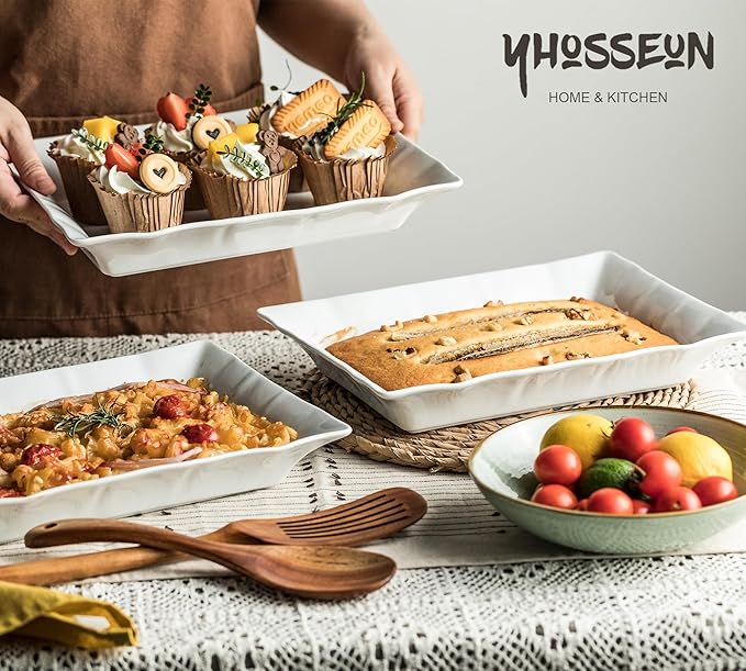 YHOSSEUN Turkey Platters for entertaining Serving Bowls Set of 2, Ceramic Serving Dishes for Thanksgiving, White Serving Platter for Turkey, Rectangular Baking Dishes and Roasting Pan