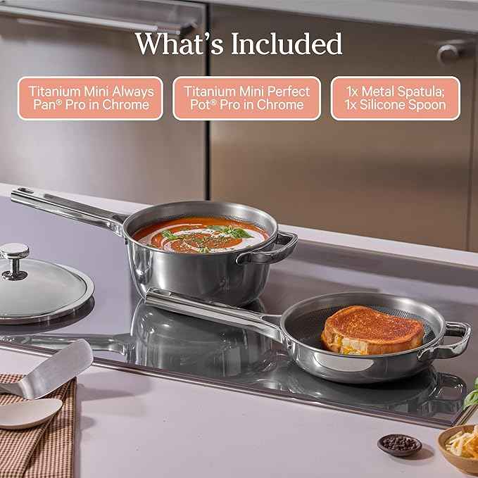 Our Place Mini Titanium Pro Cookware Duo | 6-Piece Tri-Ply Titanium Cookware Set with Always Pan Pro & Perfect Pot Pro | Non-Toxic No-Coating Nonstick | Induction & Oven-Safe up to 1000°F | Chrome
