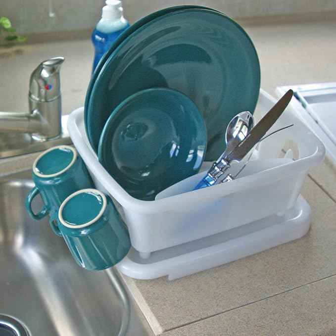 Camco RV Mini Dish Drainer & Tray - Features a Sloped Drain Tray Design, Heavy-Duty Construction - Ideal for Small Spaces, Apartments, Boats, and More -9.5" L x 11.7" W x 4.75" H - White (43511)
