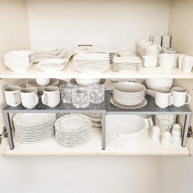 Simple Houseware Expandable Stackable Cabinet and Counter Shelf Organizer with Steel Surface, 9" D x 12.75" W x 5.9" H, Silver
