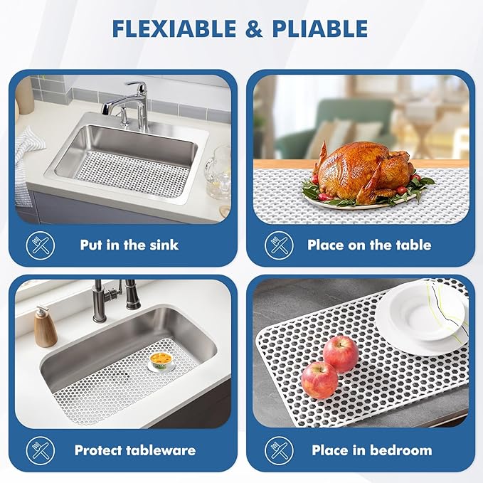 Bestjing Silicone Sink Protectors for Kitchen Sink - 28.3"x 15.7" Kitchen Protector Accessory, Non-Slip Heat Resistant Mat for Bottom of Farmhouse Stainless Steel Porcelain (White)