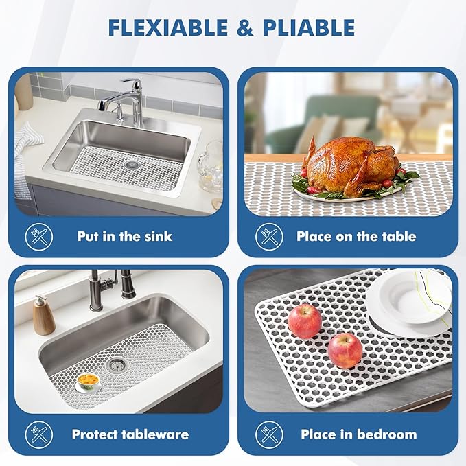 Bestjing Silicone Sink Protectors for Kitchen Sink with Rear Drain - 29.7"x 15.5" Kitchen Protector Accessory, Non-Slip Heat Resistan Mat for Bottom of Farmhouse Stainless Steel Porcelain (White)