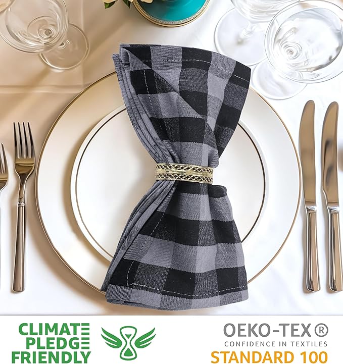 Urban Villa Cotton Dinner Napkins Set of 6, Highly Absorbent 20x20 Inches Premium Cloth Napkins Hotel Quality Reusable & Washable Table Dinner Napkins for Home & Weddings - Grey/Black, Checks