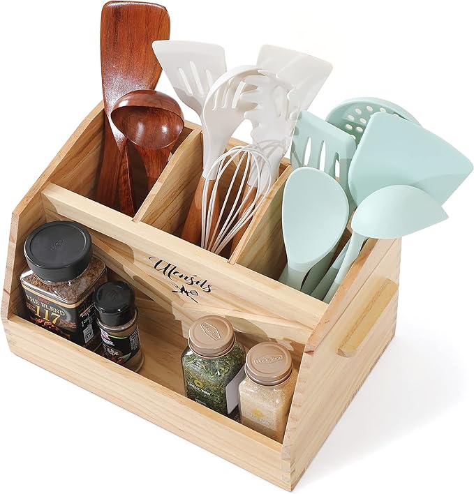 Innovation Kitchen Utensil Holder for Countertop with 4 Compartments, Wood Utensil Organizer for Cooking Tools(Utensil Not Included)