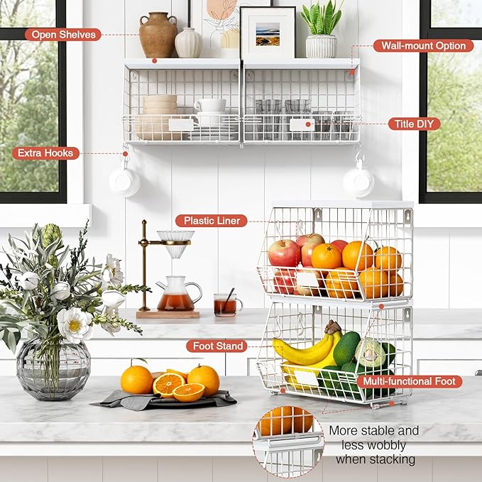 Goozii Wall Mount Bathroom Storage Basket, Fruit Produce and Vegetable Baskets for Kitchen Counter, Hanging Wire Storage Basket for Laundry Room Bedroom Closet Pantry Boys Girls Room (White)