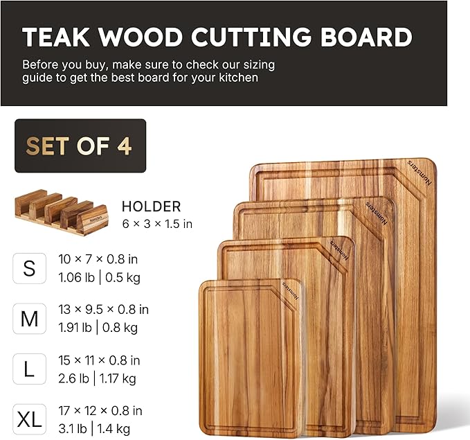 4 Pack Teak Wood Cutting Board Set with Holder Non Slip Over Sink Wooden Chopping Board for Fresh Meat Vegetable Thick Haus Perfect for Charcuterie Juice Groove Holiday Gift Ideas for Men and Women