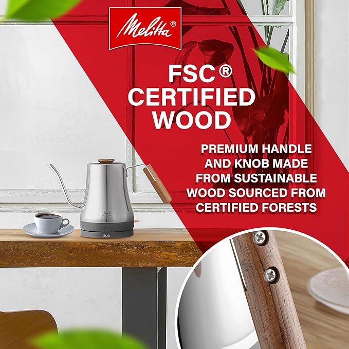 Melitta Precision Pour X Stainless Steel Gooseneck Electric Kettle with Wooden Handle and Knob