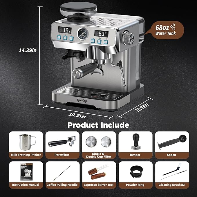 Espresso Machine with Grinder 20 Bar Professional Expresso Coffee Machines for Home Customizable 194℉-203℉ Temp Control Espresso Maker with 68oz Water Tank All-in-One Coffee Maker Cold Brew