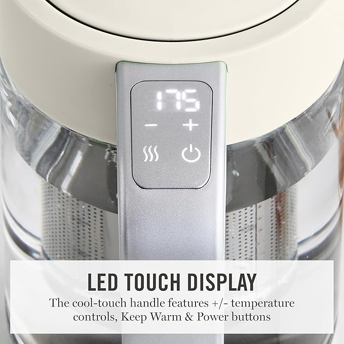 Martha Stewart  Electric Kettle with Removable Stainless Steel Tea Infuser, Glass Carafe 1.7L (7 Cups), Hot Water Boiler, 4 Presets, Keep Warm & Auto Shut-Off, Cordless 360° Swivel Base, Linen White