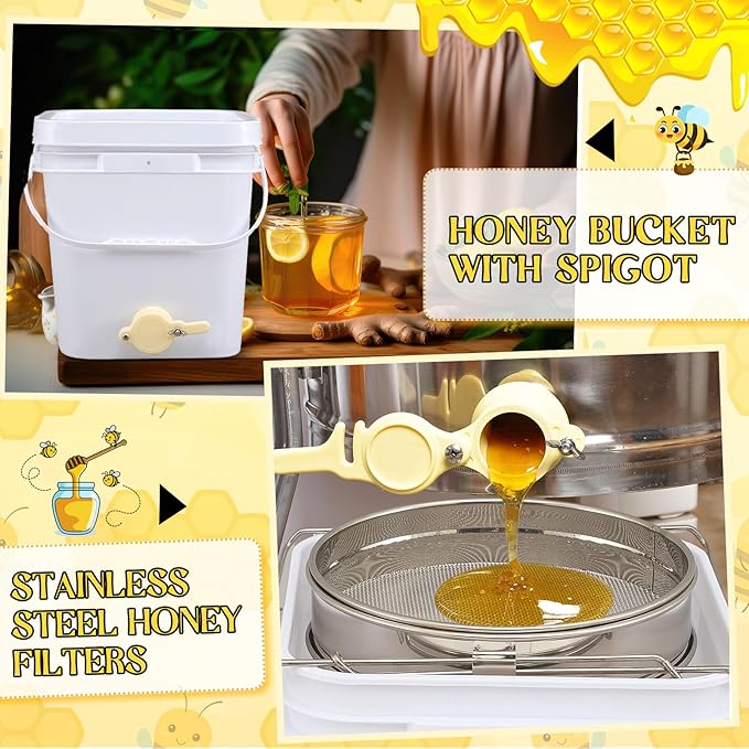 Threehoney 3 Gallon Honey Bucket with Spigot and Stainless Steel Filters Set Honey Extractor Equipment Food-Grade Bucket with Spigot for Bee Keeping Supplies Extracting Storage (White,3 Gallon)