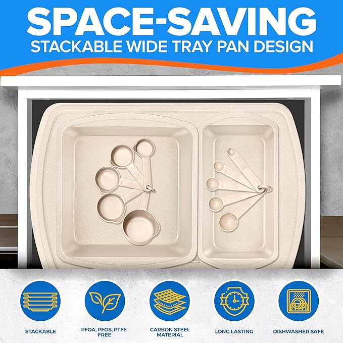 Stackable Baking Pan Set - Deluxe Nonstick White Marble Coating, Carbon Steel Bakeware Sets, PFOA, PFOS, PTFE Free, Recipe Booklet Included, Oven Safe (Up to 450°F), Set of 7 - White