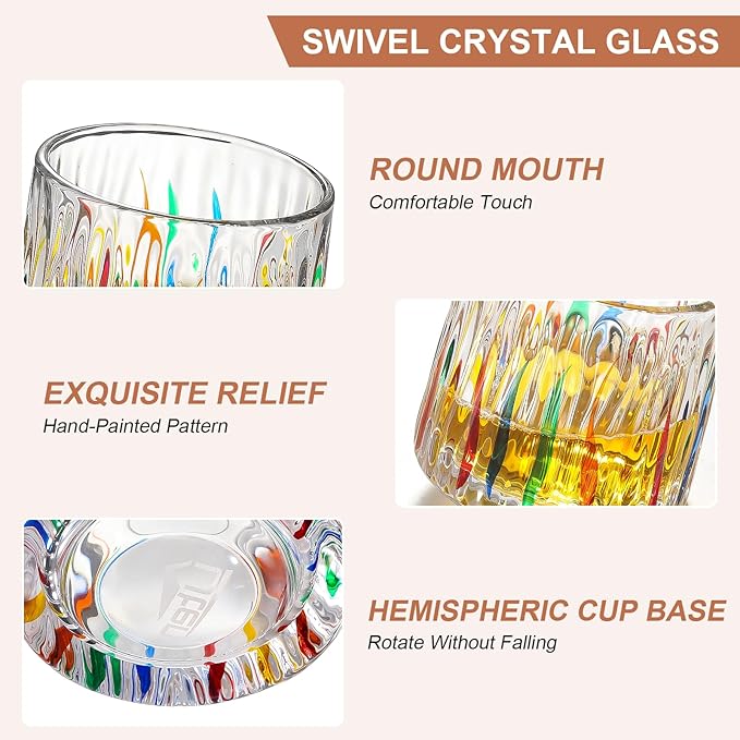 Rotatable Old Fashioned Glass Cup, 275ml/10oz Crystal Whiskey Glass, Wood Coaster, Thickening, Used as Rum Glass, Cocktail Cup, Coffee, Milk to Relax and Reduce Stress, Ideal Gift