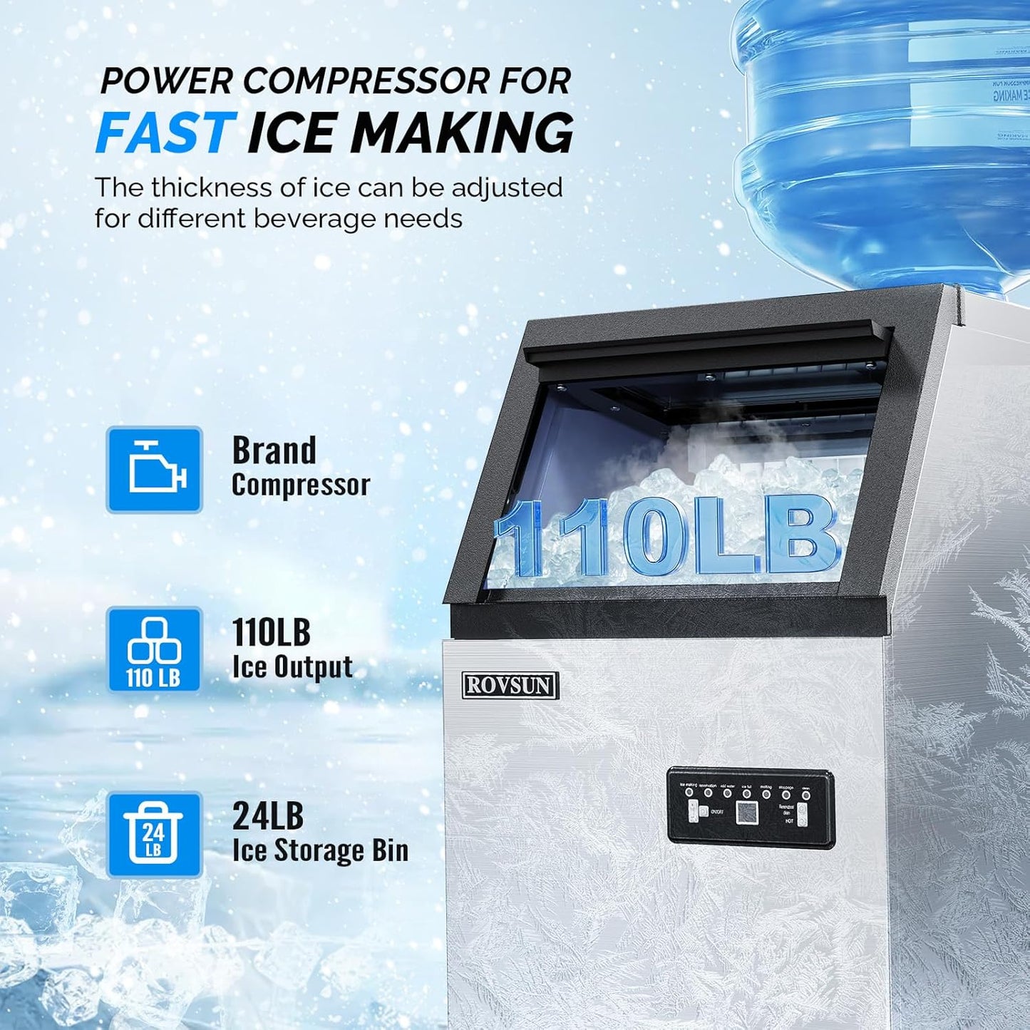 ROVSUN Commercial Ice Maker Machine 110LBS/24H with 2 Water Inlets, Freestanding Ice Machine with 24lbs Storage Bin, Ice Scoop & Water Filter for Home Office Restaurant Bar Cafe