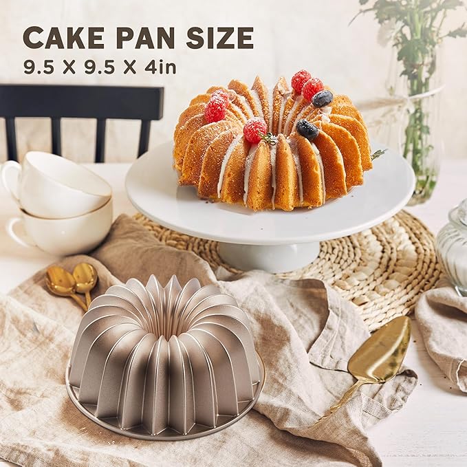 KITESSENSU Non-Stick Cake Pan, 9.5-Inch Aluminum Cake Mold, 8 Cup Fluted Heavy Duty Tube Pan, Durable Rust & Scratch-Resistant, Baking Mold for Jello, Gelatin, Chocoflan, Flan, French Wreath,Gold