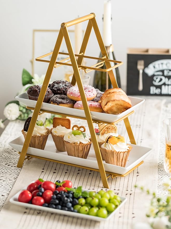 YHOSSEUN 3 Tier Serving Tray, Porcelain Tiered Tray Stand, 10+12+14 Inch Serving Platters and Trays with Collapsible Sturdier Rack, 3 Tiered Serving Stand Dessert Stands Treat Table Display Set, Gold