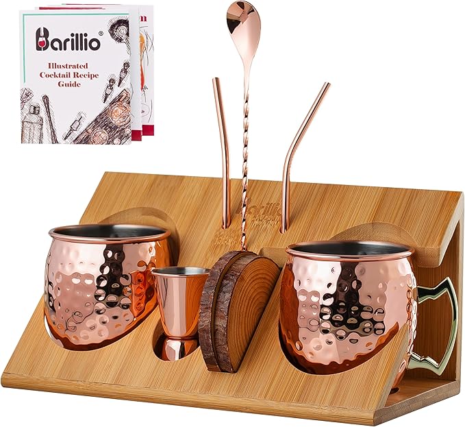 Barillio Moscow Mule Mugs Set - 2 Stainless Steel, Copper-Plated Cocktail Mugs with Bamboo Stand - Food-Safe, Moscow Mule Kit with Copper Cups, Drinking Straws and Mixing Spoon - 2 x 18 Oz