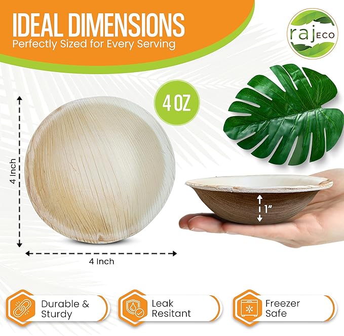 Raj Disposable Palm Leaf Bulk Bowls (400 Count, 4" Bowls) Strong Bowl Like Bamboo Party Bowl - Decorative Compostable Tableware for Lunch, Dinner, Birthday, Camping, Outdoor, BBQ, Picnic