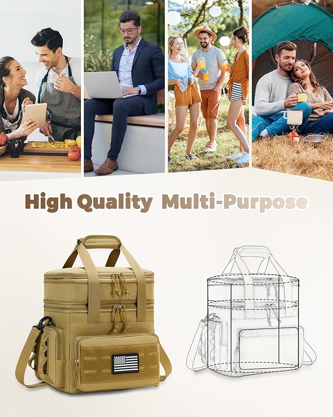 Tactical Lunch Bag & Lunch Box for Men - Large Double Deck Expandable Insulated Soft Adult Lunchbox for Work - Cooler Bag for Beach, Picnic, Camping,Outdoor，Travel (Brown,23L)