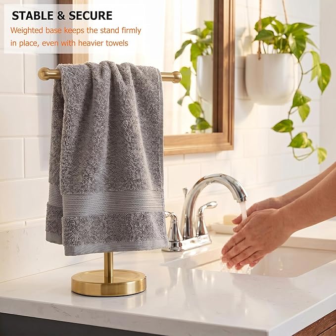 Gold Hand Towel Holder Stand with Heavy Stainless Steel Base, T-Shape Towel Rack, Free-Standing Towel Holder Countertop for Bathroom (Brushed Gold)
