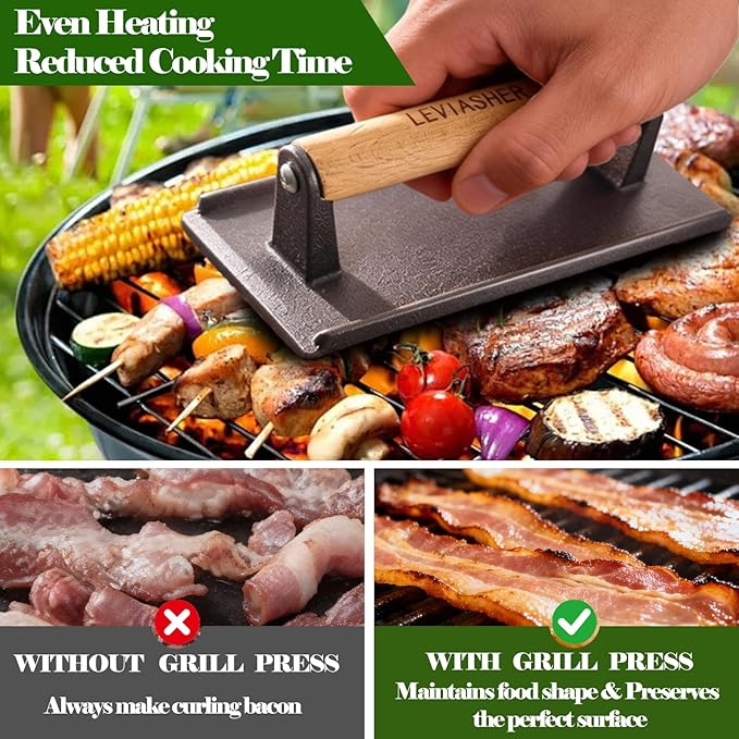 2.2 lb Heavy Duty Cast Iron Grill Press, 7.8X3.9 inch Rectangle Bottom Granular Burger Press with Wood Handle for Blackstone, Chef, Camp, Panini, Vegetable, Bacon, Sandwich, BBQ