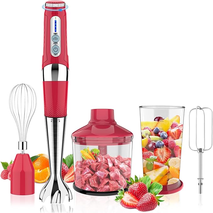 Toogel Cordless Immersion Blender, 4-in-1 Electric Hand Blender with 21-Speed & 3-Angle Adjust, USB Rechargeable, BPA-Free & Dishwasher Safe for Baby Food, Smoothies, Soup (Red)