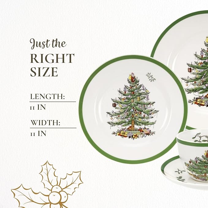 Spode Christmas Tree 5-Piece Place Setting - Festive Earthenware Tableware with Plates, Teacups, Saucers - Microwave, Dishwasher Safe - Christmas Dinnerware & Holiday Tableware