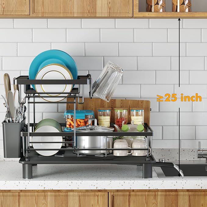 Dish Drying Rack, 2 Tier Dish Racks for Kitchen Counter, Compact Drying Rack Kitchen, Rust-Resistant Dish Drainer, Detachable Space-Saving Dish Rack with Drainboard, Utensil Holder, Black