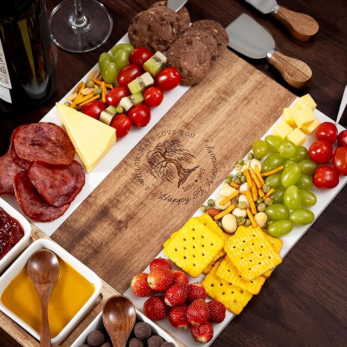 Personalized 9th Anniversary Marble Charcuterie Board, 9th Anniversary Cheese Board - Charcuterie Boards Gift Set for Wife, Willow Gifts for Wedding