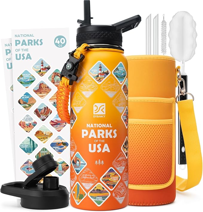 DYSANKY National Parks Water Bottle – 40 oz Insulated Stainless Steel Bottle with 63 Hand-Drawn Park Stickers, Carrier Bag, Strap & Gift Box – BPA-Free – Ideal for Hiking, Camping & Travel