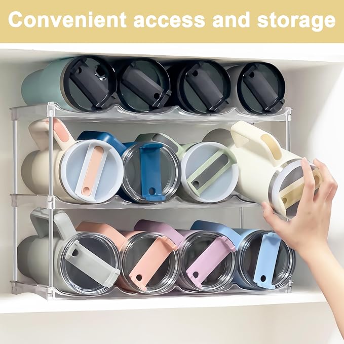Stackable Water Bottle Organizer for Cabinet - Acrylic Tumbler Organizer Storage Rack for Stanley 40oz, Stanley Cup Holder, Pantry Kitchen Organizers and Storage for Stanley Cup, Holds 12 Bottles