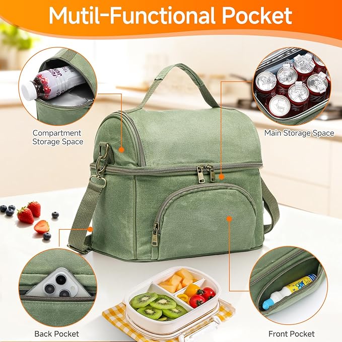 Lunch Box with Ice Packs, Waxed Canvas Lunch Bag for Men, 10.5L Leakproof Insulated Lunch Cooler for Men Work, Dual Compartment Soft Cooler for Work, Camping, Beach & Road Trips