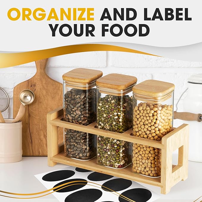 Mini Glass Storage Containers with Lids & Display Rack - Small Air Tight Spice Jars & Sealable Coffee Canister with Sticker Label & Pen (Set of 3)