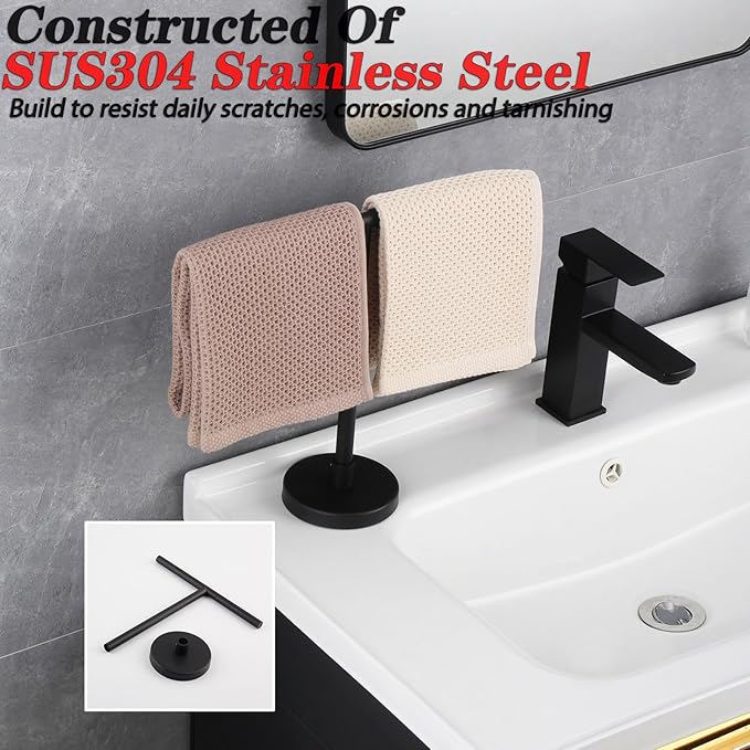 GERZWY Modern Hand Towel Holder Tree Rack Free Standing SUS 304 Stainless Steel Countertop Towel Ring, Matte Black DZY06-BK