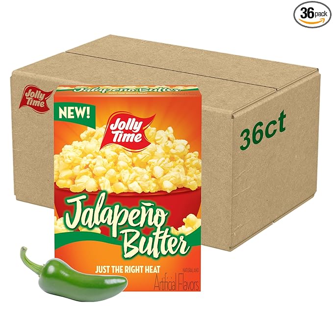 Jolly Time Jalapeño Butter, Microwave Popcorn with Just the Right Heat, 3oz Sharing Bag, 6 Bags Per Carton (Jalapeño Butter, 3 Ounce (Pack of 36))