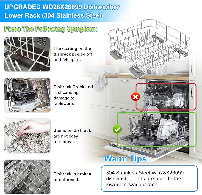 UPGRADED WD28X26099 Dishwasher Lower Rack Compatible with GE Dishwasher Rack Replacement Parts with Wheel,WD28X26099 WD28X34744 304 Stainless Steel GE Dishwasher Lower Rack Part and Silverware Basket