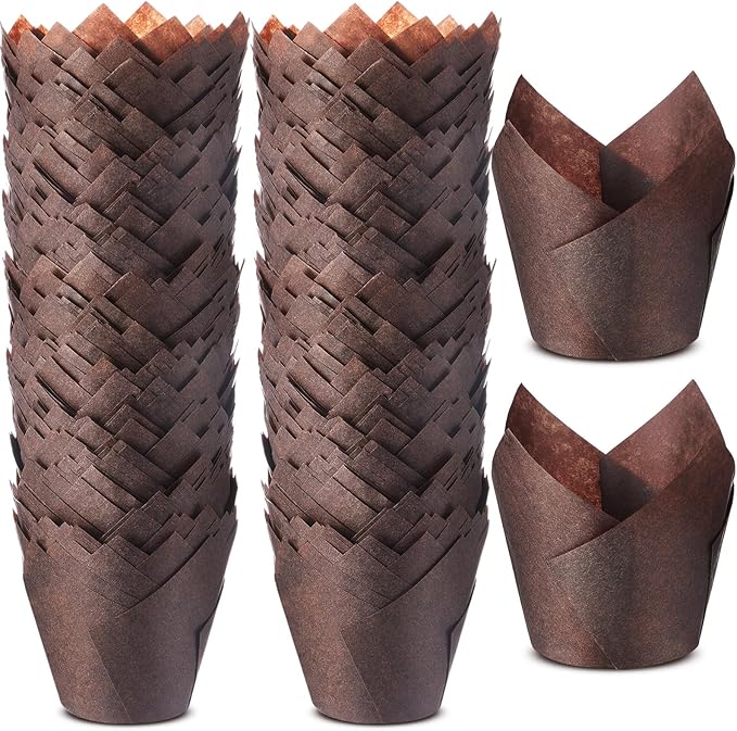 Motiskyy 300 Pcs Jumbo Muffin Liners for Baking 2-1/4" x 4" Large Tulip Cupcake Liners Greaseproof Cupcake Wrapper Paper for Weddings Birthday Christmas Anniversaries Party (Brown)
