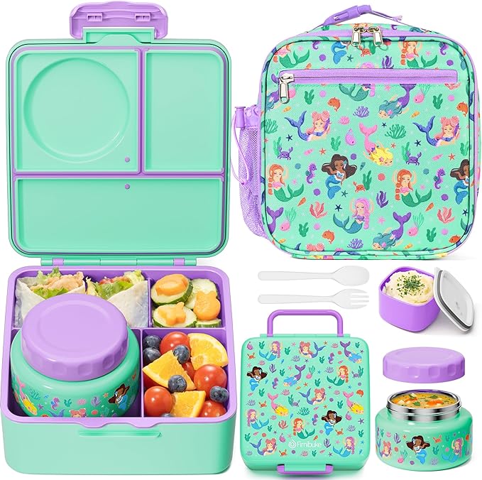 Fimibuke Bento lunch Box Set for Kids Adult with 8oz Insulated Food Jar, Lunch Bag & Sauce Cup, Leakproof Dishwasher Safe Toddler Lunch Food Container with 3-4 Compartment for School Girls Boys