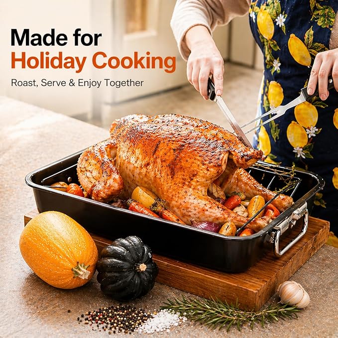 Moss & Stone 16.5” Roasting Pan with Rack – Heavy Duty Nonstick Carbon Steel Turkey Roaster, Large Rectangular Oven Pan with V-Rack, Bonus Carving Fork & Chef Knife
