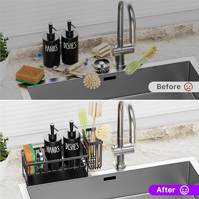 MASADI Kitchen Dish Soap Dispenser Set with Sponge Holder, 12OZ Glass Bottle, Hand and Dish Soap Dispenser Set, Non-Slip Silicone Pad, Brush Holder, Kitchen Sink Organizer Countertop (Black)