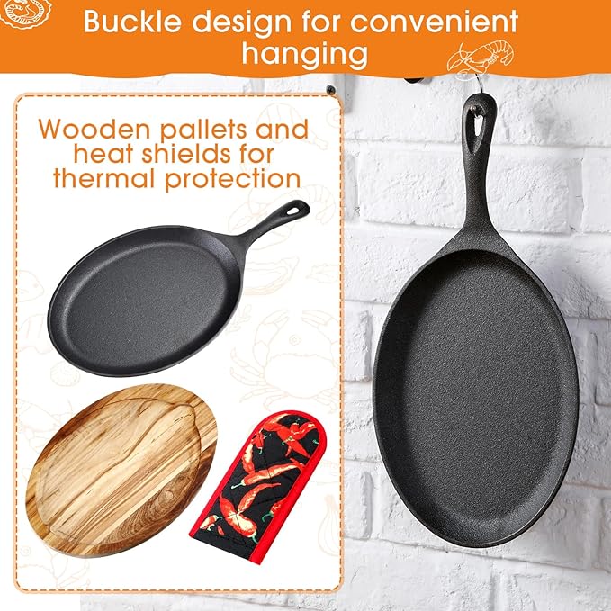 Lallisa 4 Sets Cast Iron Fajita Plate Set Fajita Plate Pan with Wooden Tray Anti Scald Protection Hot Mitt Cast Iron Skillet Set for Home Barbecue Kitchen Party Restaurant Catering Service