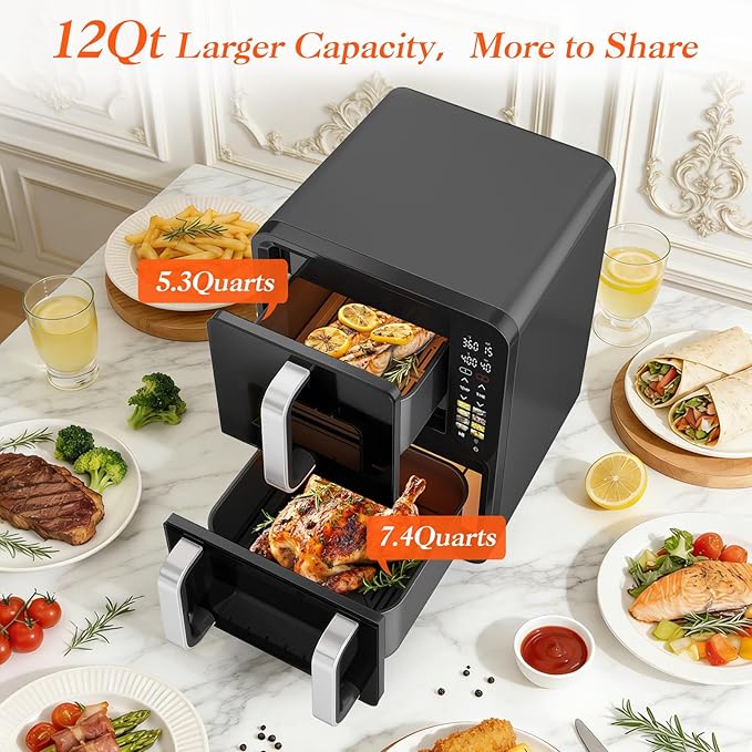 12QT Dual Basket Air Fryer, Vertical Double Stack XL 2-Basket, Feeds Up to 10 People, 8-in-1 Presets with Digital Touchscreen to Free DIY, Compact Design, Easy to Clean, Black