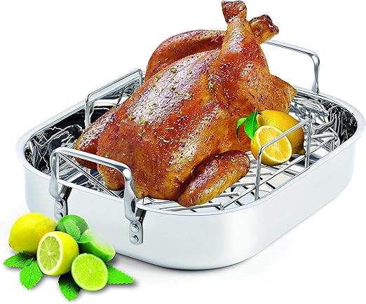 Cooks Standard Stainless Steel Roaster Pan with V-Shaped Rack, Inner 16-Inch x 13-Inch; Edge 17-Inch x 14-Inch; Turkey Roasting Pan Bakeware for Oven, Rectangular