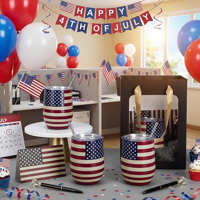 Patelai 30 Pcs 2026 American Flag Pattern Cups Gift Set for Men Women 12oz Stainless Steel Tumbler Mug Cups with Lid and Straw Pens and Card Set with Gift Bags for 4th of July 250th Memorial Day